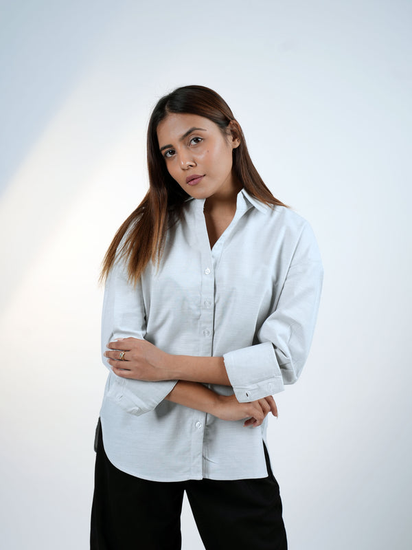 Light Grey Cotton Linen V-Neck Shirt
