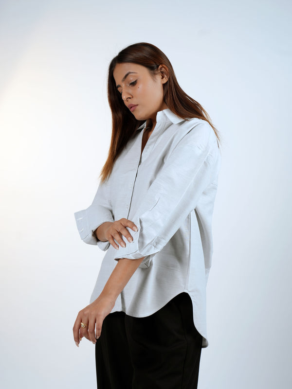Light Grey Cotton Linen V-Neck Shirt