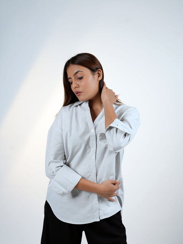 Light Grey Cotton Linen V-Neck Shirt