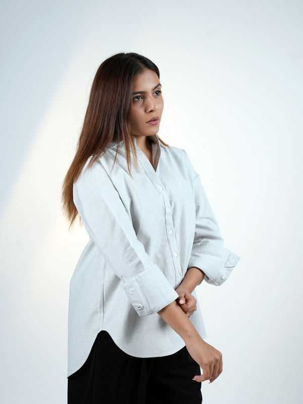 Light Grey Cotton Linen V-Neck Shirt