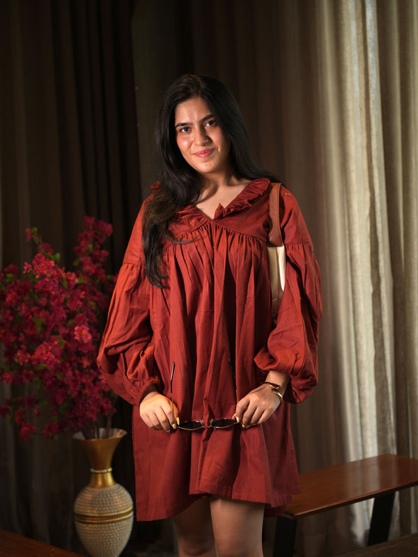 Volant Rust Linen Babydoll Dress