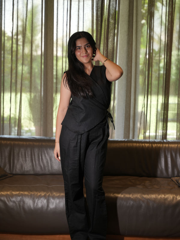 Torsia Wrap Black Linen Co-ord Set