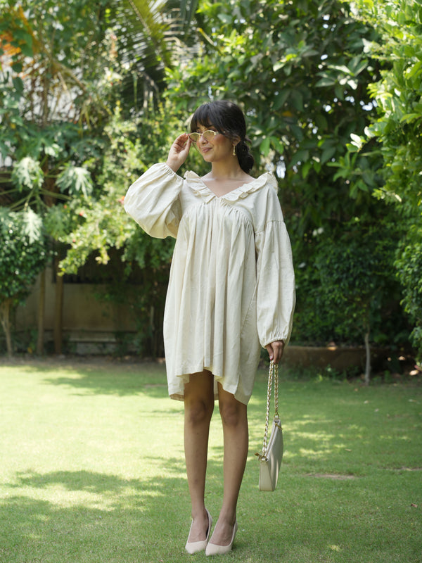 Volant Beige Khadi Babydoll Dress